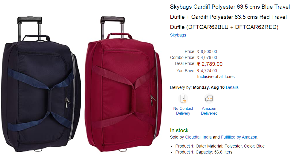 skybags cardiff polyester 63.5 cms blue travel duffle