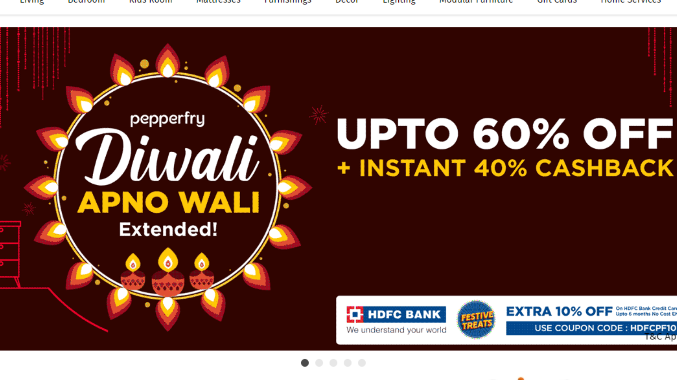 Pepperfry Diwali Sale 2020 Up to 60 OFF and 40 Instant Cashback