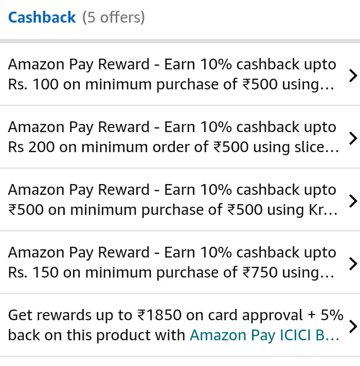 Cashback offers on Amazon