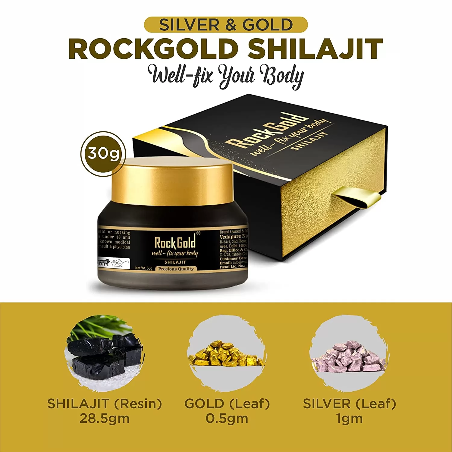 Rock Gold Pure Ayurvedic Shilajit Resin with Pure Gold & Silver