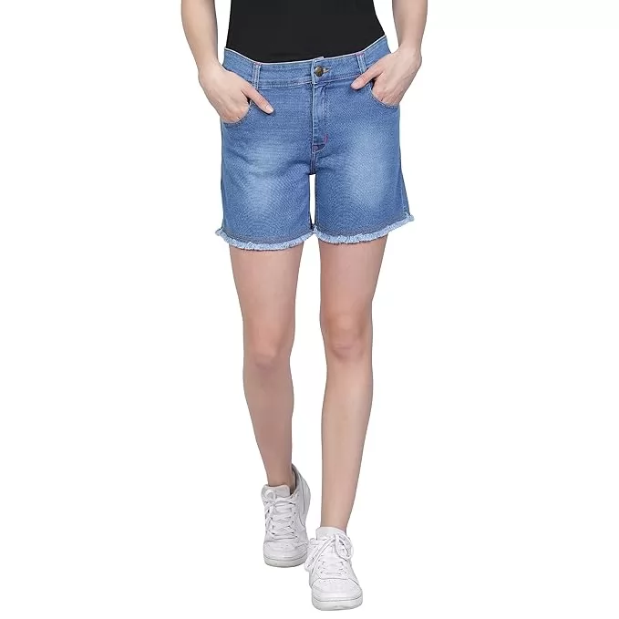 Club A9 Women's Denim Regular Fit Fringed Hemline Stretchable Shorts