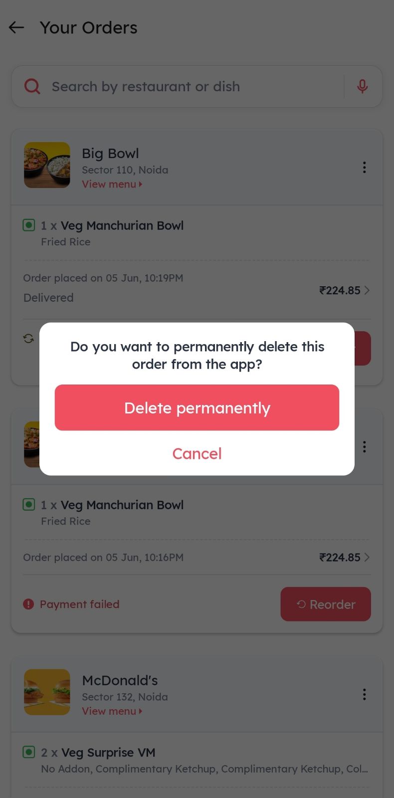 Cancel order on Zomato