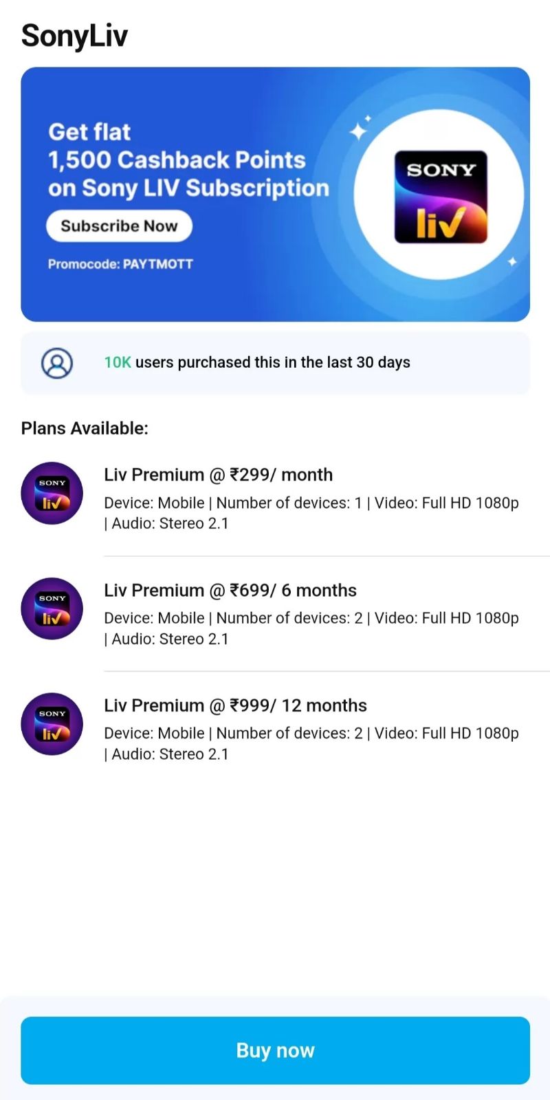 Sony Liv Subscription with Paytm Cashback Points 